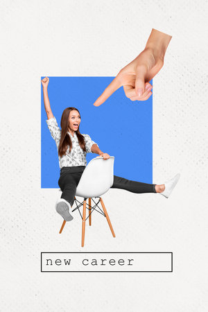 Vertical funny photo collage of young business woman sit on chair excited with raised hand ready to find new job on white backgroundの写真素材