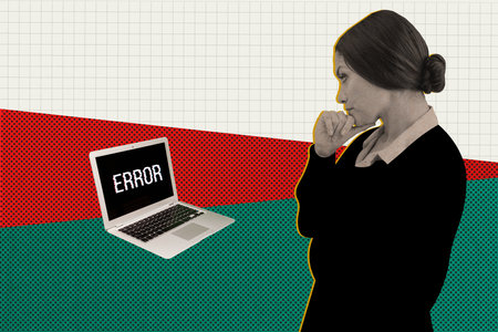 Collage picture illustration retro vintage effect error computer thoughtful serious young woman think abstract template posterの写真素材