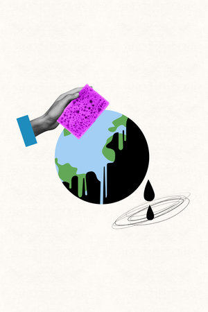 Vertical collage creative poster attention clean sponge planet earth world day urban recycle wash dirty black doodle white backgroundの写真素材