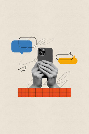 Vertical creative composite artwork photo smartphone collage of arm holding smartphone write messages in chat isolated retro drawing backgroundの写真素材
