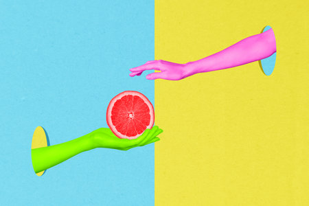 Horizontal abstract creative photo collage artwork template of arms sharing fresh citrus fruits isolated on painting backgroundの写真素材
