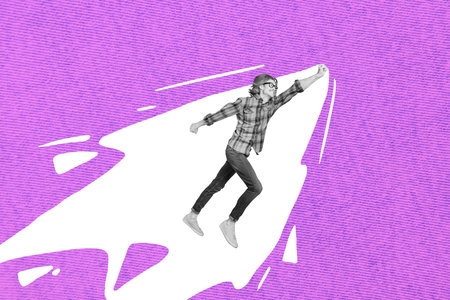 Magazine collage sketch of purposeful crazy man flying air forward dream goal isolated on drawing...
