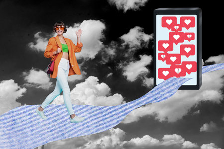 Creative collage illustration beautiful happy enjoy young woman fashion famous like dislike reaction...