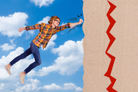 Photo collage artwork minimal picture of purposeful guy flying punching wall isolated creative backgroundの写真素材