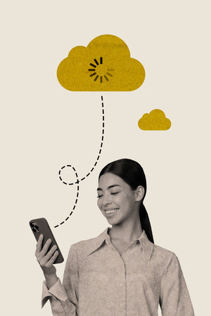 Vertical photo collage of young girl hold mobile phone sending message and waiting for connection to...