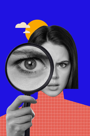 Vertical creative collage image of curious interested girl look magnifier loupe detective investigate billboard comics zine minimal conceptの写真素材