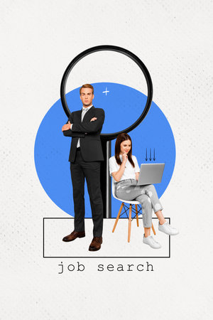 Vertical creative photo collage business people man in office suit with woman looking for job big magnifying glass on white backgroundの写真素材