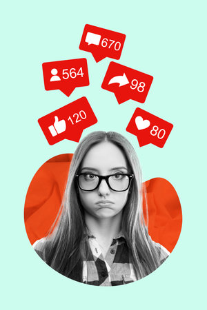 Vertical photo collage picture young amazed girl dozen likes shares reposts popularity fame famous celebrity smm managerの写真素材