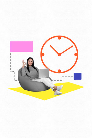 Vertical photo collage of young female worker smiling sit on beanbag ok gesture hold laptop computer...
