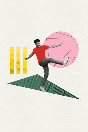 Vertical photo collage template young man go walk run with raised hands smiling on minimal colorful backgroundの写真素材