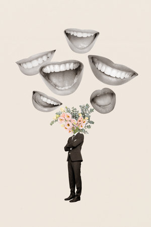 Vertical bizarre photo collage of women mouths smile laugh headless man admirer with flower bouquet instead of head on beige backgroundの写真素材
