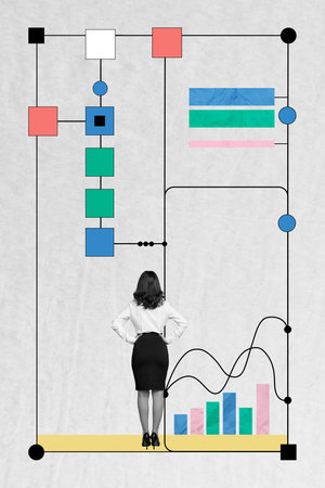 Vertical creative collage image black white filter successful businesslike young woman leader analyst market found colorful backgroundの写真素材