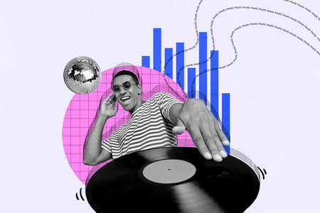 Photo collage creative picture funky dj young guy turn on music vinyl record clubber party festive event promo discoball dancehallの写真素材