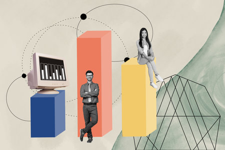 Photo banner stats chart diagrams collage of young colleagues in analyzing department control finances isolated on gray backgroundの写真素材