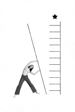 Creative abstract template collage of funny young girl build ladder achieve dream career promotion weird freak unusual fantasy billboardの写真素材