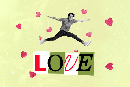 Composite collage picture image of funny man jumping over text valentine day love dating concept magazine surrealism metaphor psychedelicの写真素材