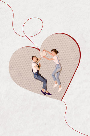 Artwork magazine collage picture of happy dreamy lady guy lying heart reading interesting book together isolated drawing backgroundの写真素材