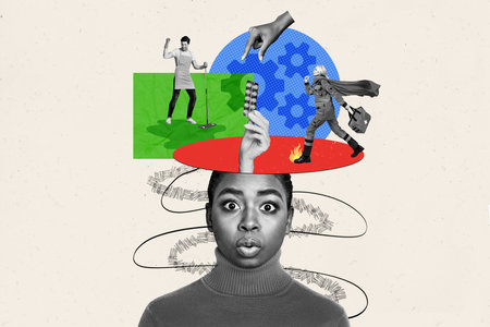 Creative collage picture of impressed minded black white colors girl arm hold pills medical worker cleaning cogwheel gear inside headの写真素材