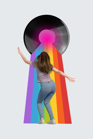 Vertical collage picture illustration cheerful joyful happy young woman dance vinyl plate rainbow colorful stripes white empty backgroundの写真素材