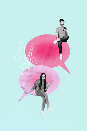 Vertical collage image of two black white effect mini people sit dialogue bubble use smart phone...