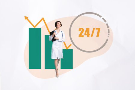 Photo collage banner successful professional medic doctor working 24 7 success charts diagram...
