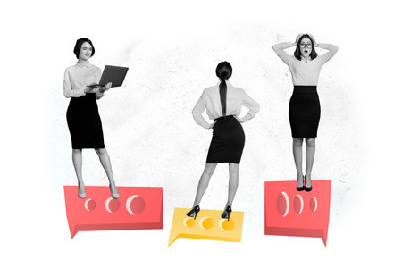 Creative collage picture illustration black white filter three beautiful charm bossy young lady speak distance together white backgroundの写真素材