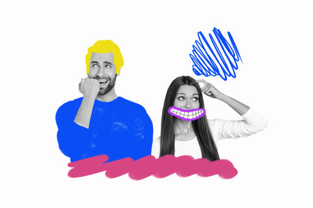 Composite collage image of funny couple drawing doodle sketch mouth hair quarrel nervous freak bizarre unusual fantasy billboardの写真素材