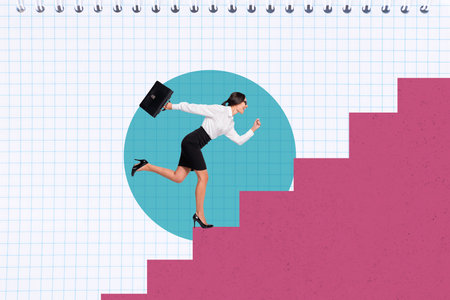 Creative photo collage crazy funny running business lady upwards stairs route dream target goal achievement drawing checkered backgroundの写真素材