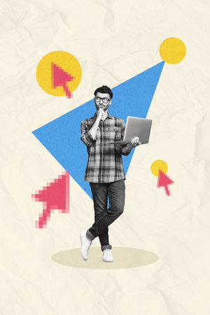 Vertical creative photo collage of young man student hold laptop learn work online remotely browsing curious thinking on paper backgroundの写真素材