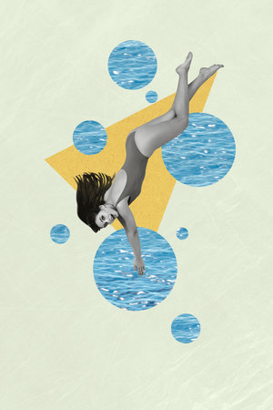 Creative trend collage of funny beautiful active female jumper water enjoy summer vacation weird freak bizarre unusual fantasy billboardの写真素材