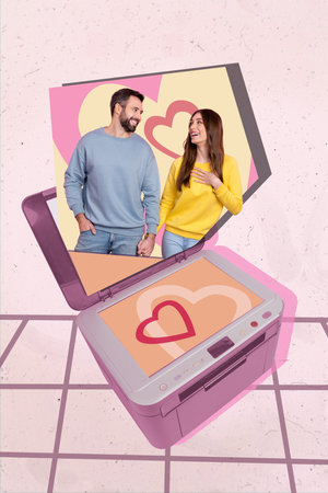 Collage 3d pinup pop retro sketch image of smiling cute husband wife printing valentine day photos isolated painting backgroundの写真素材