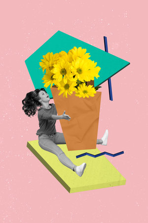 Postcard collage of young surprised funny girlfriend receive fresh daisy flowers delivery bouquet isolated on pink color backgroundの写真素材