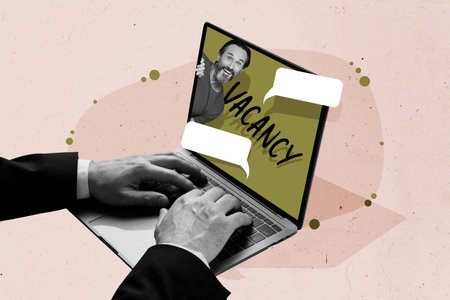 Picture mockup template collage of worker man surfing internet typing on netbook for job offer great opportunity
