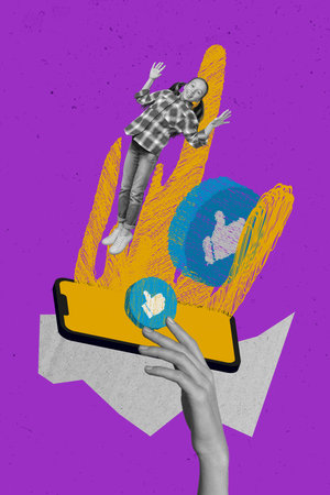 Vertical collage of black white effect arm hold smart phone screen like thumb up notification mini excited girl jump isolated on violet backgroundの写真素材