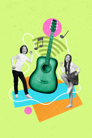 Creative drawing collage picture of young friends boyfriend with girl teenagers dancing when guitar playing isolated on green backgroundの写真素材