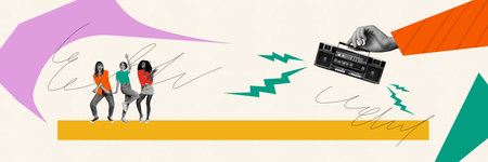 Collage creative poster monochrome effect sketch drawing young happy excited activity girl dance discotheque exclusive templateの写真素材