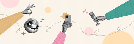 Collage creative poster black white filter three people hands hold glass champagne mobile disco ball party retro doodle oldschool bannerの写真素材