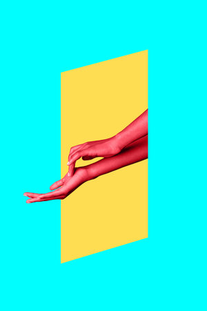 Abstract template graphics collage image of arms touching enjoying soft skin isolated colorful backgroundの写真素材