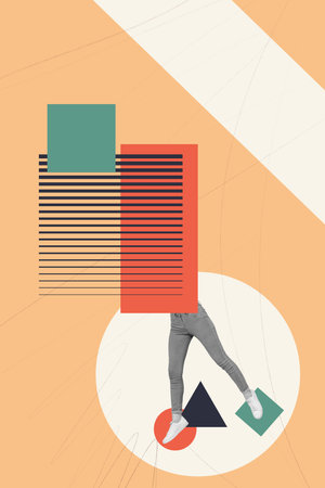 Vertical collage image of black white effect mini girl legs jeans sneakers painted geometric figures isolated on beige backgroundの写真素材