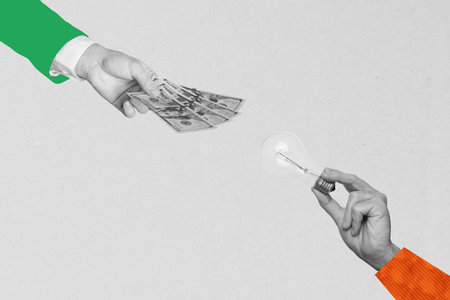 Creative collage image black white filter two hands exchange money idea banknote think commerce sketch bulb lamp empty backgroundの写真素材