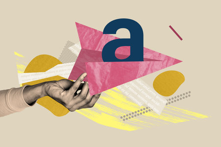Composite collage image of hand hold paper plane letter alphabet message notification text weird freak bizarre unusual fantasyの写真素材