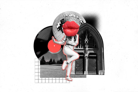 Creative illustration image collage dancing young girl huge lips instead head clubber vinyl retro...