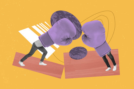 Creative poster collage of fighting boxing gloves ring bodyless legs funny fighter weird freak bizarre unusual fantasyの写真素材