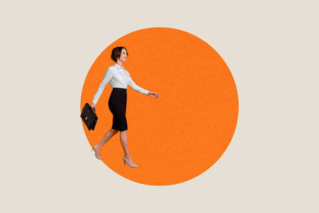 Poster collage happy young charming business lady going forward target goal suitcase formal achieving success promotion drawing backgroundの写真素材