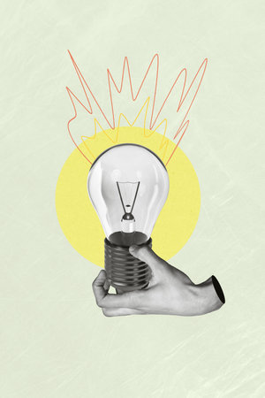 Vertical creative photo collage of black white gamma hand hold lightbulb imagination brainstorm intelligence on paper texture backgroundの写真素材