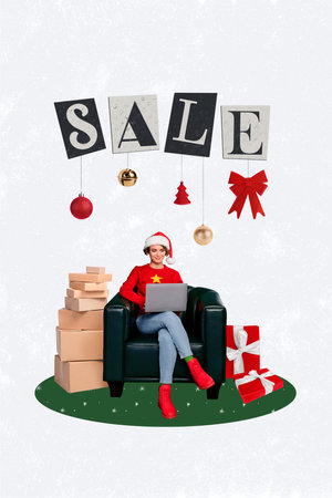 Vertical collage creative illustration happy enjoy pretty girl sit chair internet online order stack box prepare xmas new year holidayの写真素材