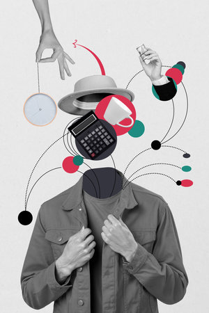 Collage poster of unknown weird man work hard increase financial income investment isolated on...