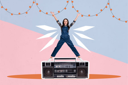 Photo image collage standing young happy girl huge cassette audio player boombox celebrate surprise...