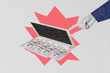 Collage pop sketch image of worker arm earning money on a laptop isolated painting background