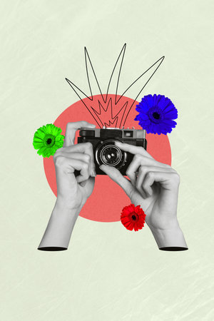 Vertical collage creative poster monochrome effect human hands make photo camera photographer flower flash empty backgroundの写真素材